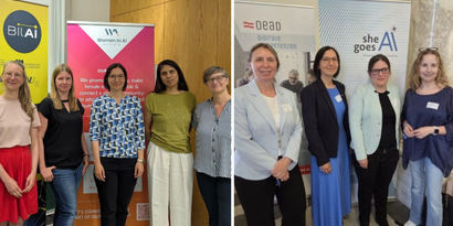 Nine female researchers of the BIlAI project standing in front of event roll ups, smiling at the camera.