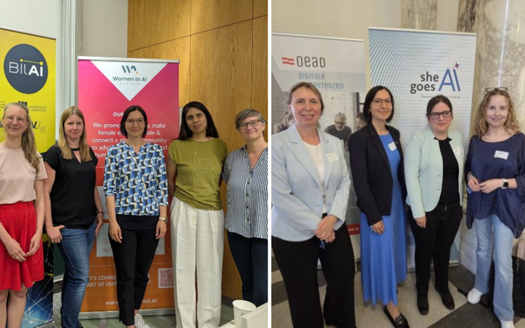 Nine female researchers of the BIlAI project standing in front of event roll ups, smiling at the camera.