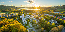 View of the Alpe Adria University Klagenfurt at the Wörthersee by sunset.
