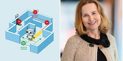 Illustration of a robot in a maze choosing between paths and a portrait of Agatha Ciabattoni from TU Wien.