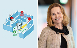 Illustration of a robot in a maze choosing between paths and a portrait of Agatha Ciabattoni from TU Wien.