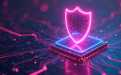 Digital shield protects computer chip and circuits. Futuristic cyber security concept with glowing neon pink and blue lights. Network data safety and defense.