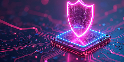 Digital shield protects computer chip and circuits. Futuristic cyber security concept with glowing neon pink and blue lights. Network data safety and defense.