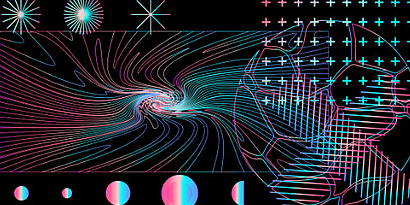 A AI-generated graphic with different coloured forms like stars and circles in front of a black background.