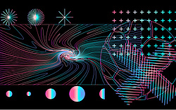 A AI-generated graphic with different coloured forms like stars and circles in front of a black background.